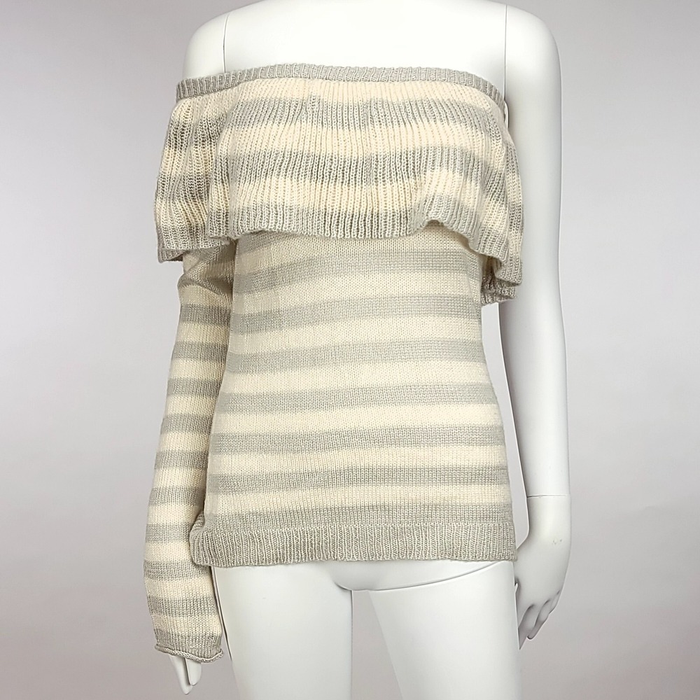Romeo & Juliet Couture Womens Off Shoulder Striped Ruffle Sweater Grey RJ44954‎